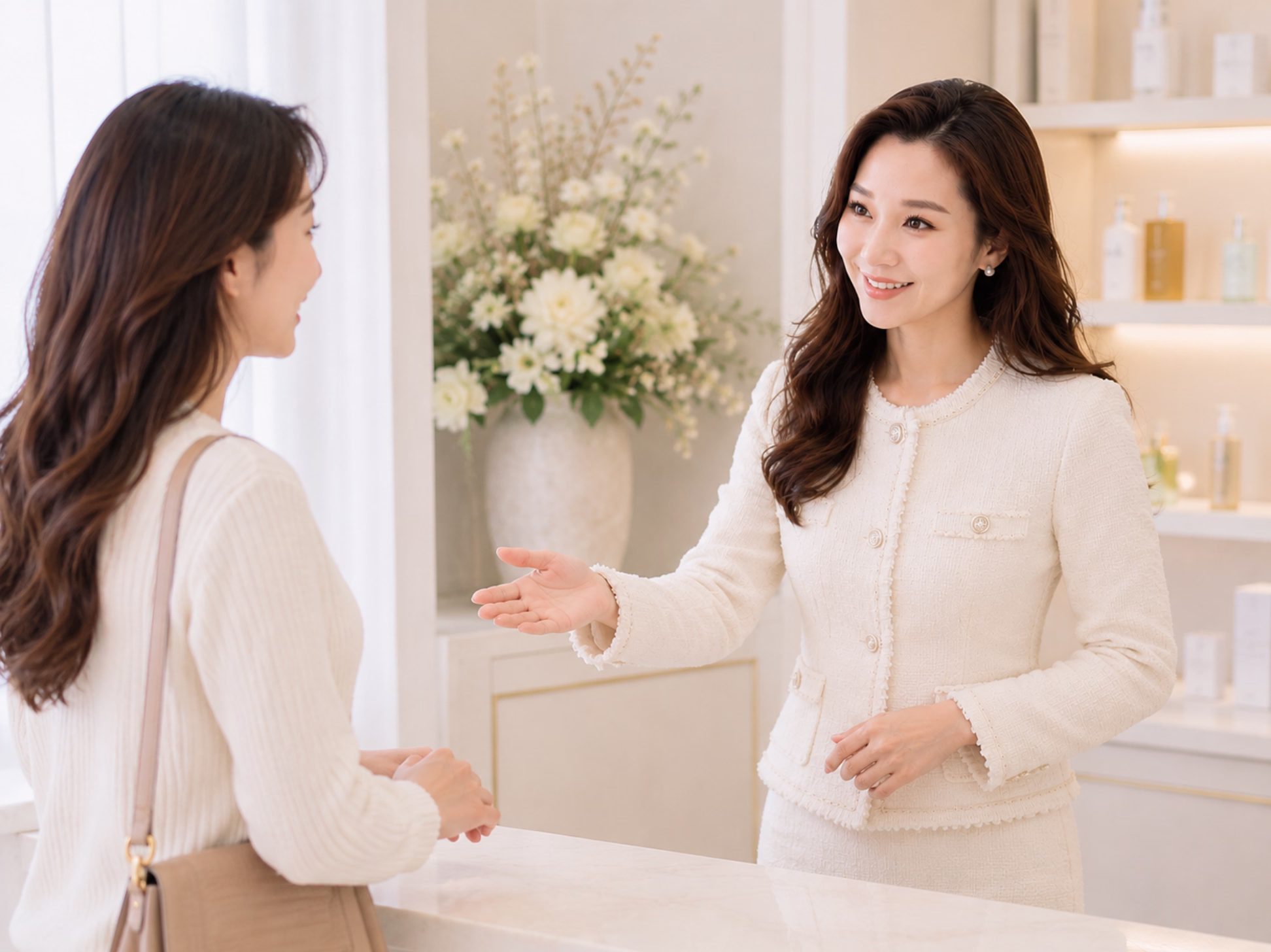 美容師接待初次體驗顧客並說明課程流程